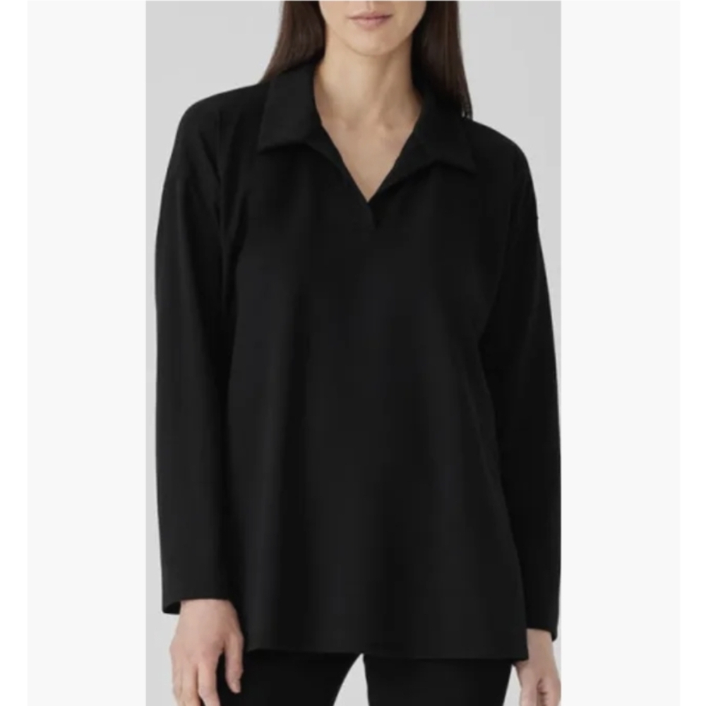 Eileen Fisher Organic Cotton Johnny Collar Tunic Top in Black